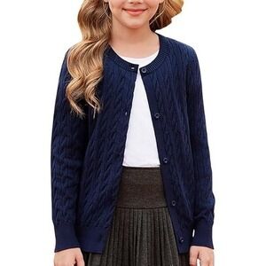 GRACE KARIN Kids Navy Blue Cable Knit Cardigan Sweater Button Front Long Sleeve‎